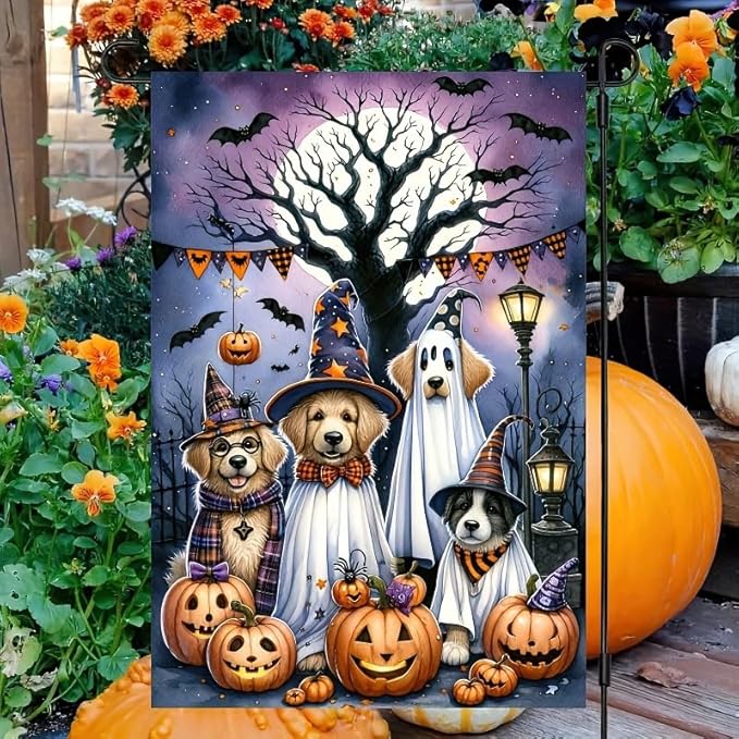 Spooky Dog Halloween Garden Flag Dogs Spooky 12x18 Inch Double Sided Scary Pumpkin Ghost Welcome Small Flags for Halloween Outside Decoration For Yard Decorative Flag
