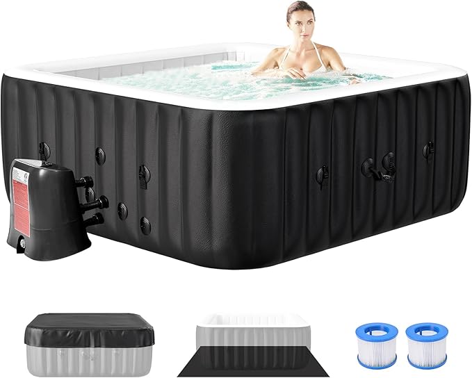 Blow Up Inflatable Hot Tub, 4-6 Person Large Square Portable Hot Tub, Leak-Proof PVC Outdoor Spa with 130 Air Jets, Heater Pump and Insulated Cover, 73” X 73”X 25”