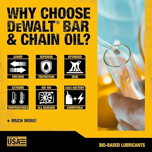 DEWALT – Biodegradable Bar & Chain Oil – Green, Eco-Friendly, Non-Toxic Professional Bar & Chainsaw Lubricant – Ultraclean All-Season Oil for Gas, Electric Saw, and Pole Saw, 32 oz