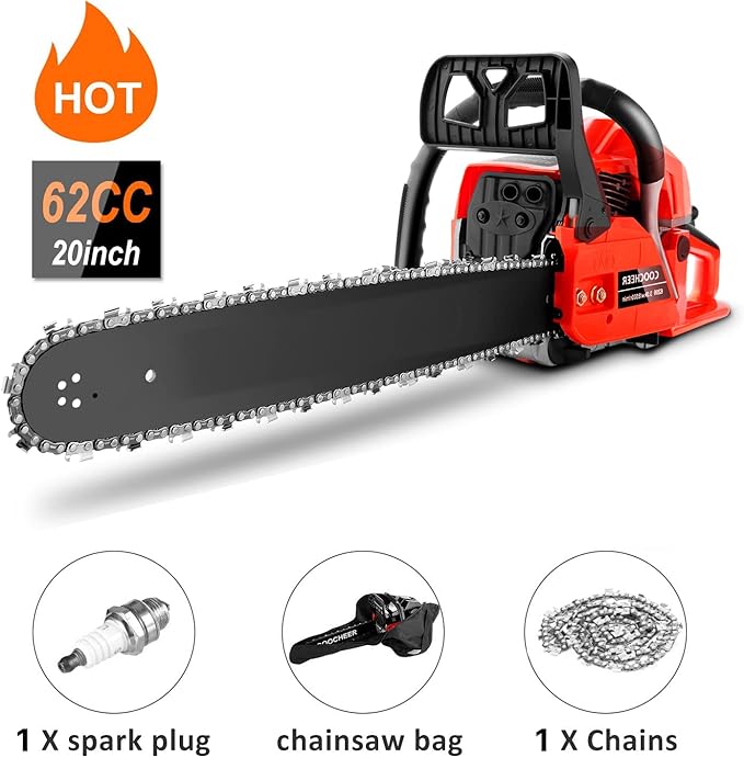 COOCHEER Gas Chainsaw Powered, Upgraded 62CC 3.5-HP 2-Cycle 20 Inch Chainsaw Gas with Carrying Bag & Tool Kit, Chainsaws Gas powered for Trees Wood Cutting and Tree Trimming(Limited Orange Version)