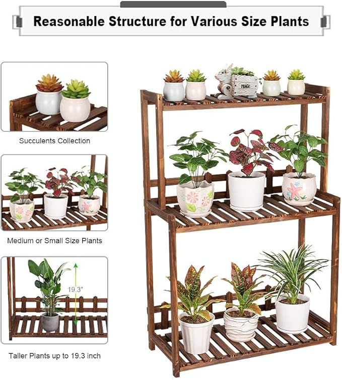 Ufine 3 Tier Wood Plant Stand Vertical Plant Dislay Shelf Indoor Ourdoor Plant Rack, Balcony Living Room, Kitchen, Porch Organizer Plants Holder