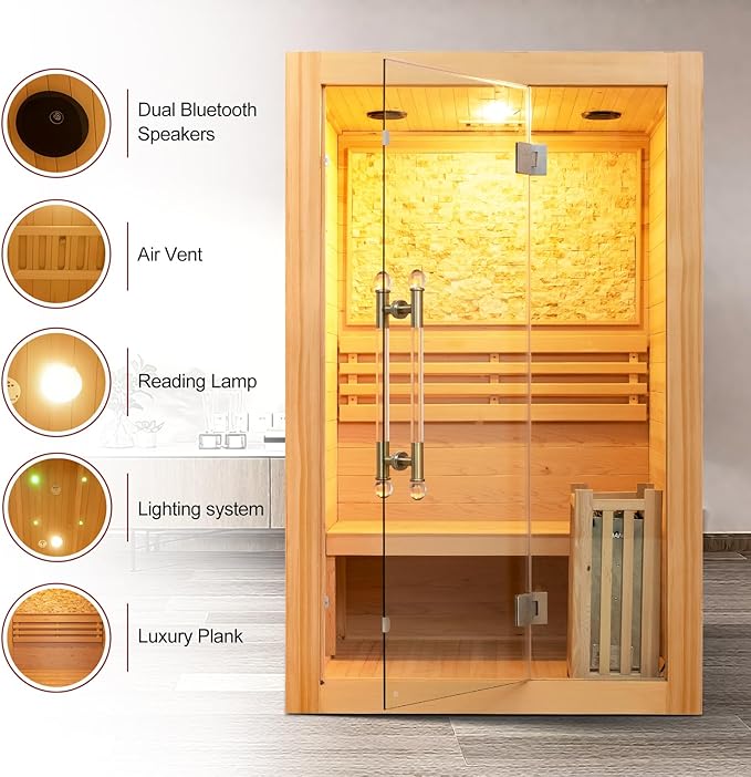 Indoor Steam Sauna 2 Person, Canadian Hemlock Saunas, 6KW Harvia Heater, 220V, Left Door(120-195℉) with Himalayan Salt Panel and LCD Touch Control Panel