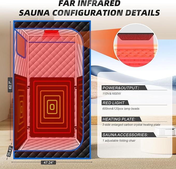 Smartmak Portable Infrared Sauna,1 or 2 Person Oversize Infrared Sauna Box with 660nm Red Light Therapy, Full Body Sauna Tent for Home, Folding Chair (Blue-2 Person)
