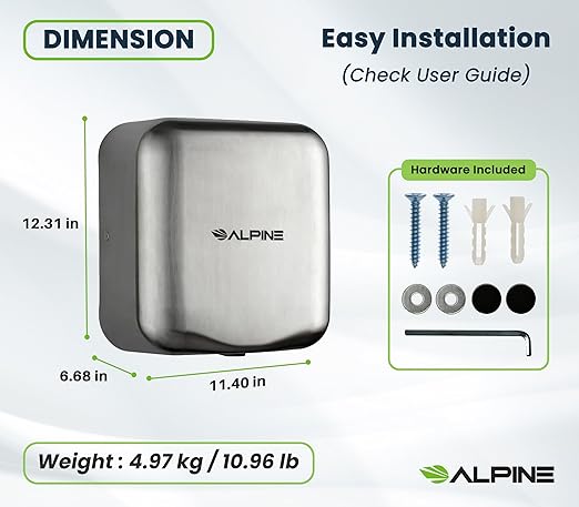 Alpine Industries Hemlock Automatic Hand Dryer - Heavy Duty Stainless Steel | 1800Watts | 110-120Volts (Brushed Stainless Steel)