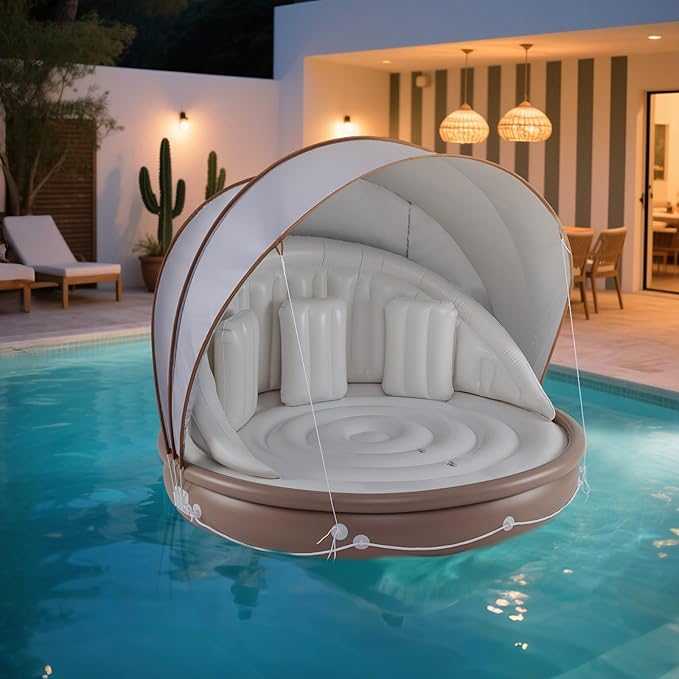 Moccha Inflatable Island with Canopy - 440 lbs Party Floats with SPF50+ Retractable Detachable Sunshade & 3 Pillows, 2-3 Person Tanning Lounger, 73” Pool Daybed, Floating Island for Lake