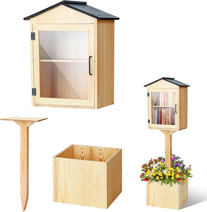 Wooden Library Box Outdoor Library, Double Outdoor Box Storage with Floor Plugs and Small Flower Fence for DIY, Community, Literature, School(Natural Wood,Steepletop)