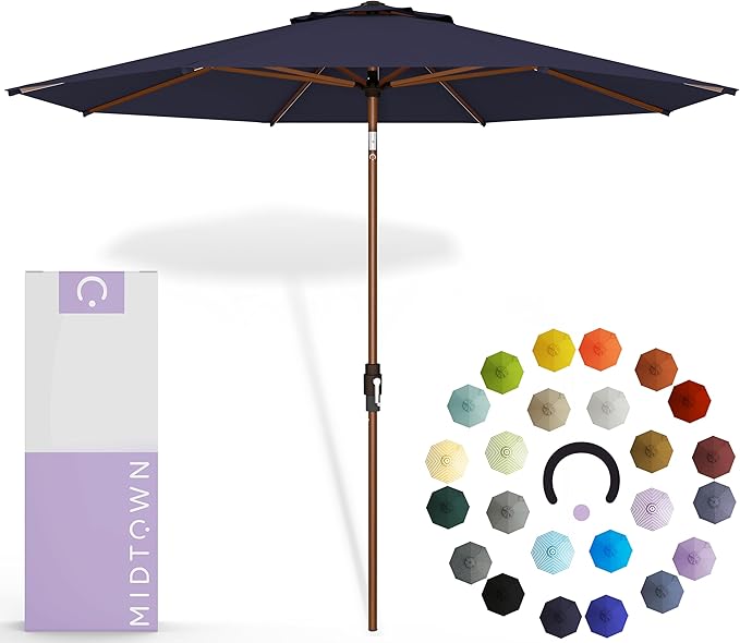Midtown Umbrellas Wooden 2-9 Feet Outdoor Patio Umbrella, Terylast Navy Blue Fabric, Aluminum Frame For Backyard Umbrella, Deck Umbrella, Garden Umbrella & Pool Umbrella - Wooden Pole