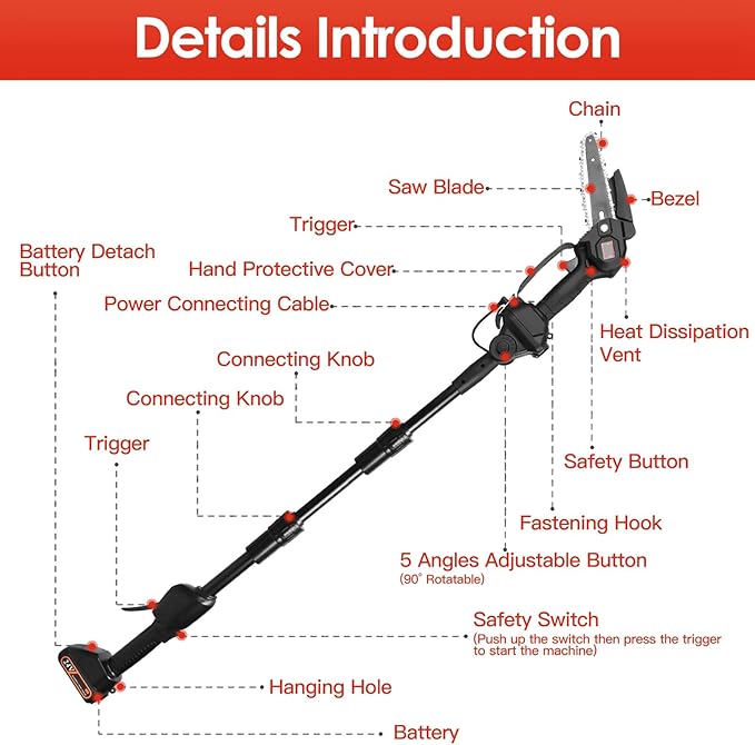 2-in-1 Cordless Pole Saw & Mini Chainsaw, Battery Powered 5.1lb Lightweight Multi-Angle & 13FT MAX Reach 6 Inch Electric Pole Saw for Tree Trimming & Branch Cutting