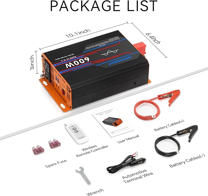 600W Pure Sine Wave Inverter, Car Power Inverter 12V to 110V, DC to AC Converter Generator with AC Outlets 3.0A USB Type-C, Remote Controller Truck Inversor for Vehicles, Car, RV, Camping