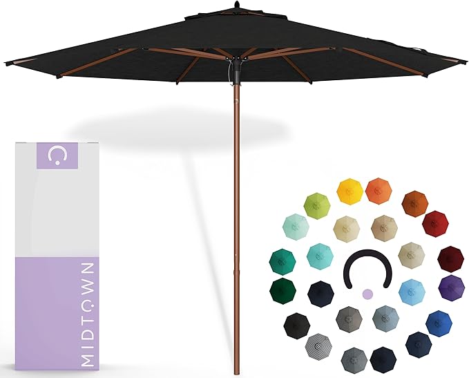 Midtown Umbrellas The Wooden 8 Feet Patio Umbrella With Sunbrella Spectrum Carbon Acrylic Fabric - Aluminum Frame Market Umbrella For Backyard, Deck, Garden, Pool - Wooden Pole