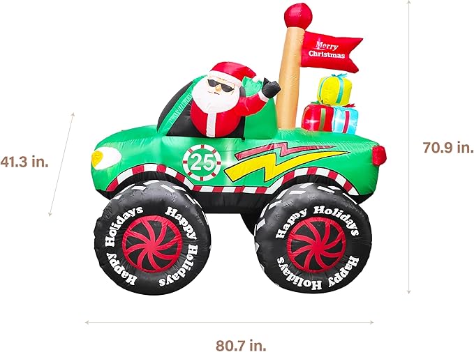 Fraser Hill Farm 6-Ft. Tall Santa in Monster Truck Blow Up Inflatable with Lights, Outdoor Christmas Inflatable Decoration for Lawn and Yard, Giant Festive Holiday Decor