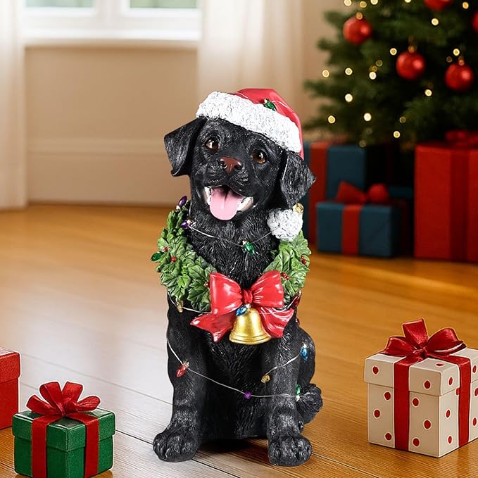 Christmas Outdoor Decoration Dog Statue, LED Light Cute Labrador Dog Sculpture with Santa Outfit & Lights for Garden and Yard, Indoor Holiday Décor Gift for mom and dad