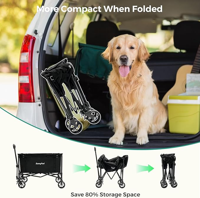 SUNNYFEEL Wagon Cart Foldable, Standard Borderless Version Collapsible Wagon with 220 LBS Max Load, Up to 120L Foldable Grocery Cart with Side Opened for Outdoor, Garden & Camping,Black