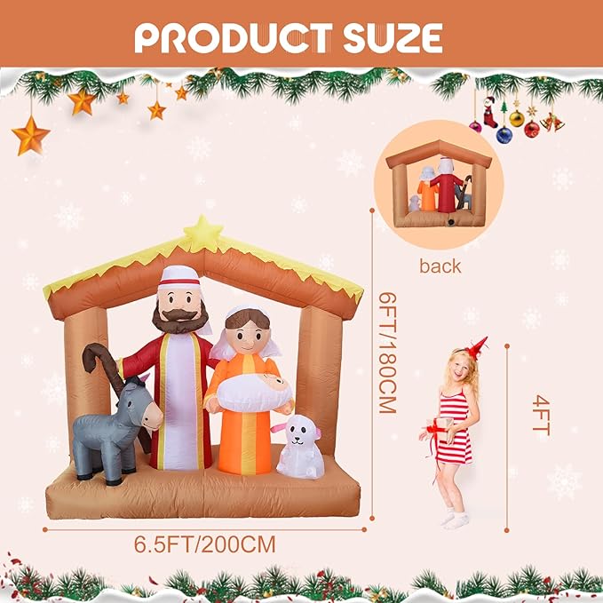 DearSun 6FT H Christmas Inflatable Nativity Scene with Build-in LED Lights, Christmas Inflatable Outdoor Indoor Decorations Large Party Yard Decoration (The Nativity)