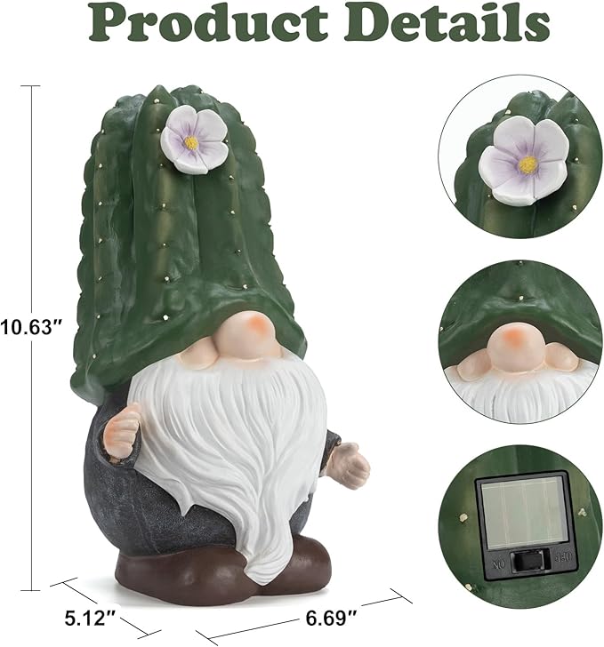 Solar Cactus Gnome Statue Garden Decor Light - Outdoor Decorative LED Flower, Suitable for Patio, Lawnand Garden Decorations, Gifts for Mom