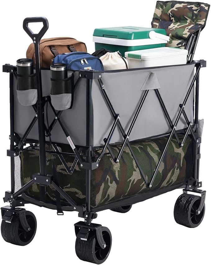 DUMOS Large Capacity Folding Double Decker Wagon with Brakes, 440 lbs Wagons Carts Foldable Wagon Cart with Flexible Handle, All-Terrain Big Wheels for Grocery Sports Garden Camping