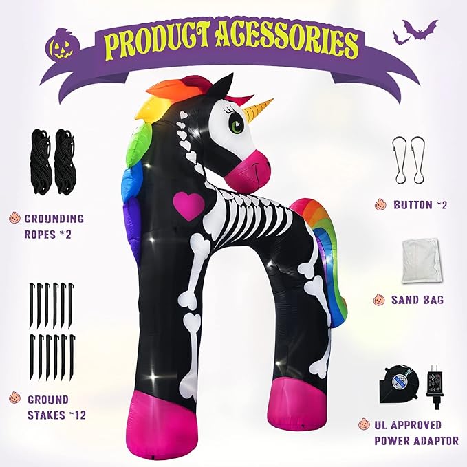 11 Ft Giant Halloween Inflatables Unicorn Arch Decorations Archway Rainbow Skeleton Decor Built in LED Lights Blower Horse Pegasus Carnival Holiday Outdoor Yard Lawn Home Party