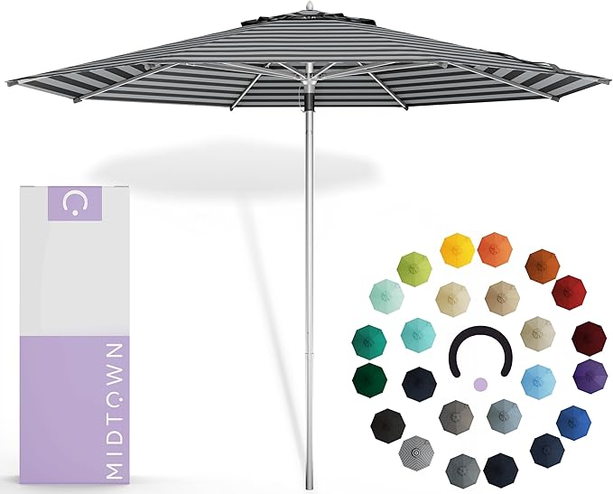 Midtown Umbrellas Push Pop Sunbrella Umbrella 8 Feet Outdoor Umbrella in Black & White Acrylic Fabric - Patio, Backyard, Garden, Picnic Table & Pool - Black Pole