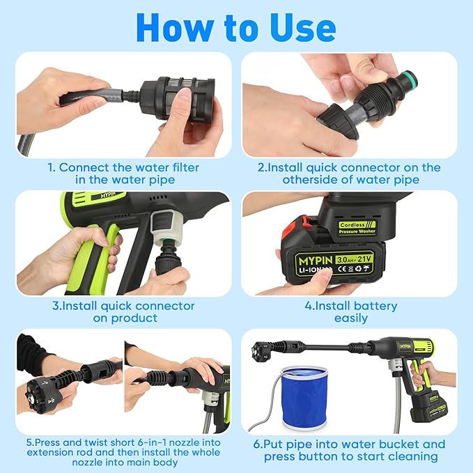Upgraded LCD Display Portable Cordless Pressure Washer with Brushless Motor, 725 PSI 21V 2x3.0Ah Rechargeable Batteries Powered Pressure Washer, 6-in-1 Nozzle for Car Floor Wall Fence Cleaning