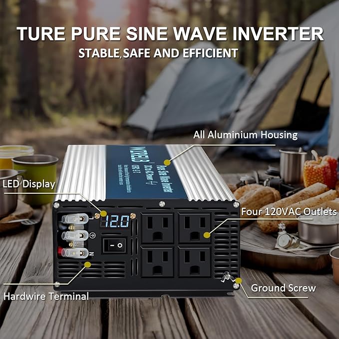 WZRELB 5000W Pure Sine Wave Inverter 12V DC to 110V 120V AC Power Converter with LED Display, Hardwire Terminal,Off-Grid Portable Power Inverter with 4 AC Outlets for Home, RV, Truck, Camping