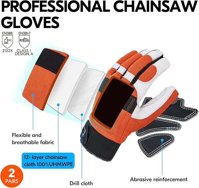 Vgo... 2-Pairs Chainsaw Gloves,Saw Protection on Left Hand Back,Goat Leather(M,Orange,GA8912)