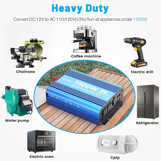 1500 Watt Pure Sine Wave Power Inverter, 12 Vdc to 110 Vdc to 120 Vdc, for Home, RV and Off-Grid Solar Systems, with 2 AC Outlets and USB Port, LCD Display, with Remote Control