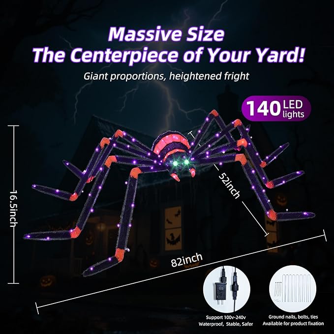 HOYECHI Halloween Decorations Giant Spider 6.8ft - Big Spider Holiday Decor Outdoor, Light Up Spider with 115 LED Lights for Front Yard Porch Gardens Party Outside Halloween Decorations - Black