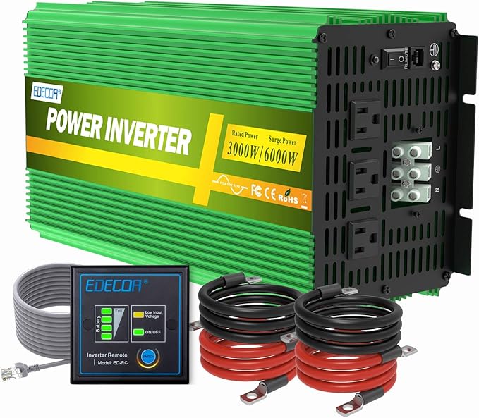 EDECOA 3000W Pure Sine Wave Power Inverter 3000 Watts DC 12V to 110V 120V AC Solar Inverter with 3 Outlets and AC Terminal Block with Remote Controller