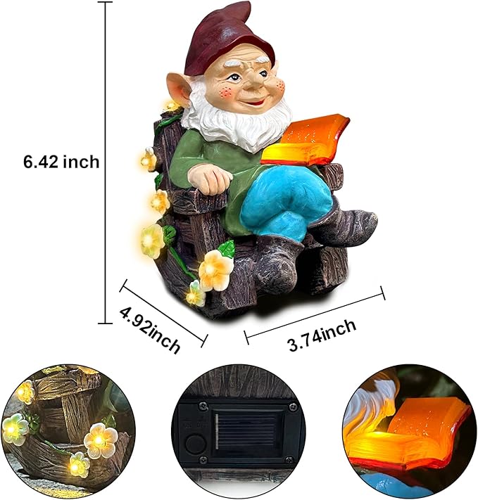 Solar Garden Gnome Statues Outdoor, Fairy Halloween Rocking Chair Gnomes Reading Book Succulents Figurines Lights Yard Art Sculpture Home Decor for Outside Patio Balcony Lawn, Unique Loved One Gifts