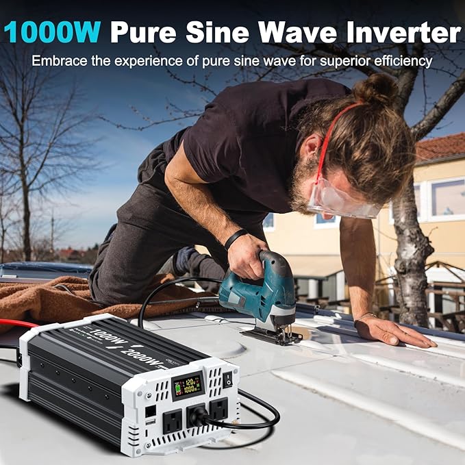 1000 watt Pure sine Wave Inverter, 12V DC to 110V AC Power Inverter, Used for Solar Emergency Power Supply in RV Homes, with 3 AC Output sockets, USB Port, Type-C Port, Remote Control with LCD Screen