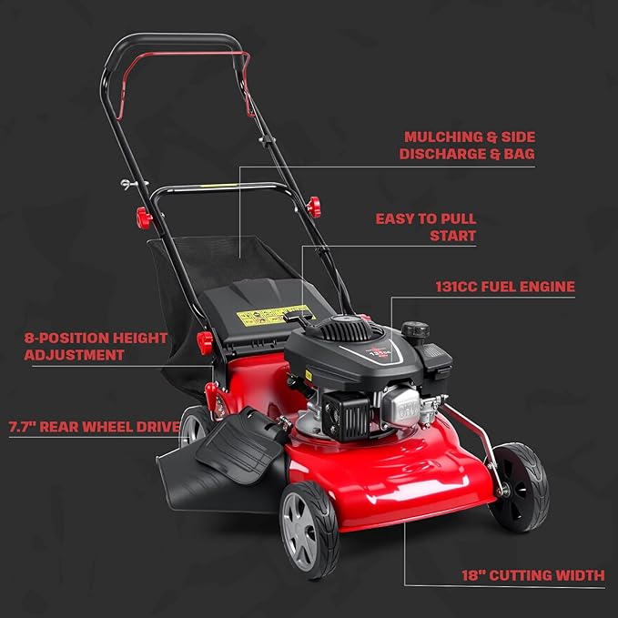 Lawn Mower Gas, Self Propelled 18-Inch 131cc Lawn Mowers & Tractors, 3-in-1 Gas-Powered Lawnmower with 50L Bag, Mulching and Side Discharge, Adjustable Cutting Height, Easy Start for Yards