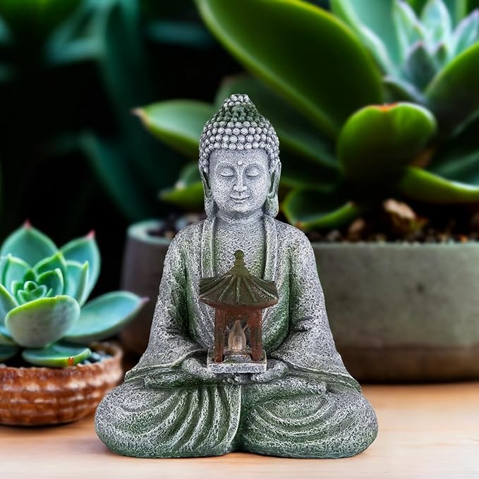 Buddha Garden Statue with Solar Light, Resin Zen Decor for Outdoor Patio or Indoor Meditation, Spiritual Gift for Women and Friends (Grey Pavilion)