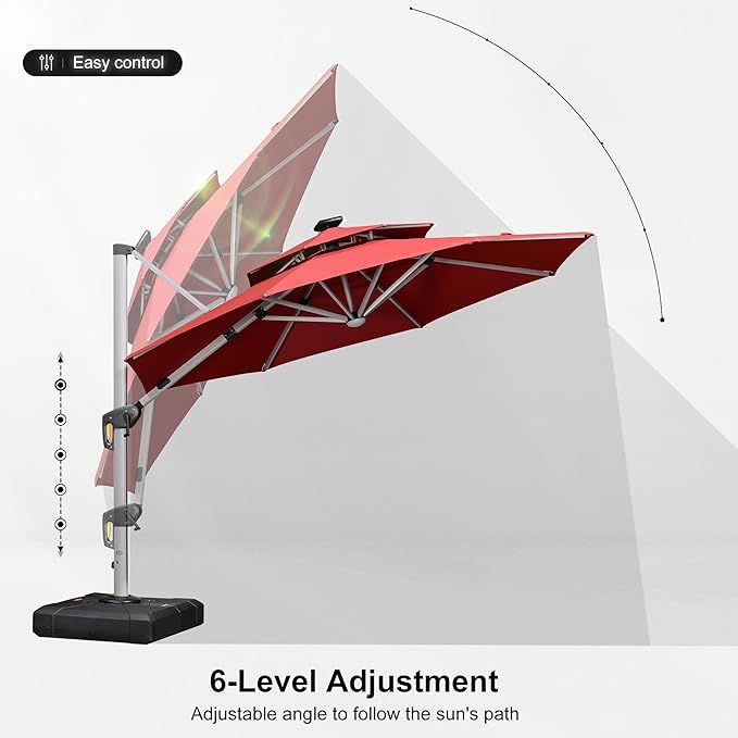 PURPLE LEAF 10ft Solar powered LED Patio Umbrella Outdoor Round Umbrellas Large Cantilever Umbrella with LED lights Windproof Offset Umbrellas Heavy Duty Sun Umbrella for Garden Deck Pool Patio, Terra