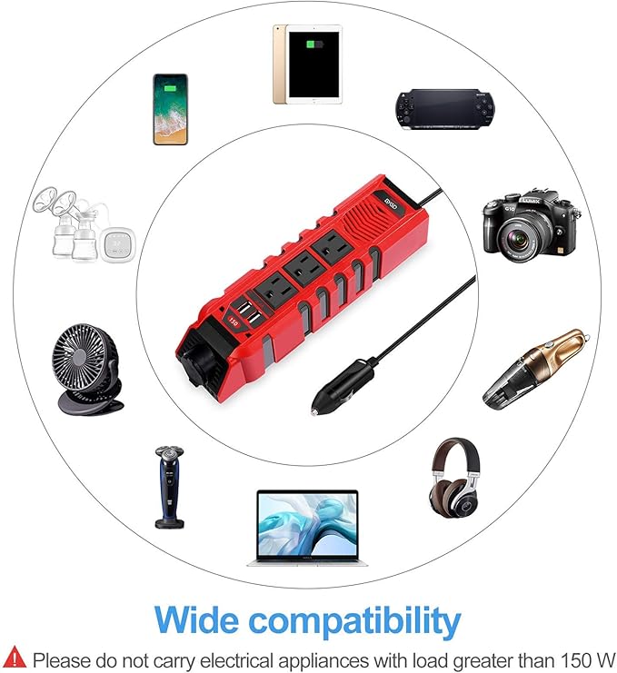 150W Car Power Inverter DC 12V to 110V AC Converter with 3 AC Outlets 2 Quick Charger 4.8A Dual USB Ports Cigarette Lighter Socket Charger Adapter