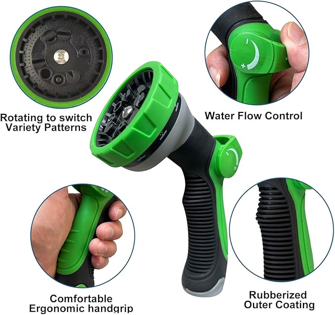 100Ft Non-Expandable Garden Hose, Flexible Water Hose with 10-Pattern Spray Nozzle, Lightweight Hose Pipe, Kink-Free, Leak-Proof, 3/4" Solid Metal Fittings (Green)