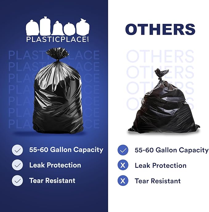 Plasticplace 55-60 Gallon Trash Bags, Heavy Duty Black Garbage Bags, 100 Count for Lawn, Yard, and Outdoor Waste Disposal, Ideal for Industrial Trash Cans, Contractors, and Home Improvement Projects