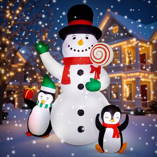 8 FT Christmas Inflatable Decorations,Outdoor Snowman with Penguins Blow Up Decorations, Patio Lawn Xmas Decor with Poweful Blower Built-in Bright LED Lights for Indoor Outdoor,Lawn,New Year Gifts