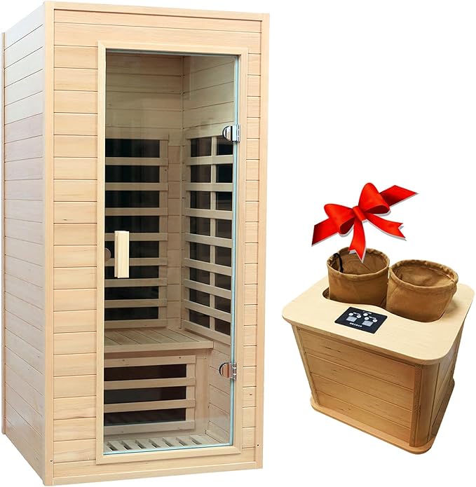 1 Person Infrared Sauna, Low EMF Infrared Saunas for Home, Hemlock Wooden Far Infrared Sauna Indoor, 1,200watt, Home Sauna Spa, with Bluetooth Speakers, LED Light, Smart Display