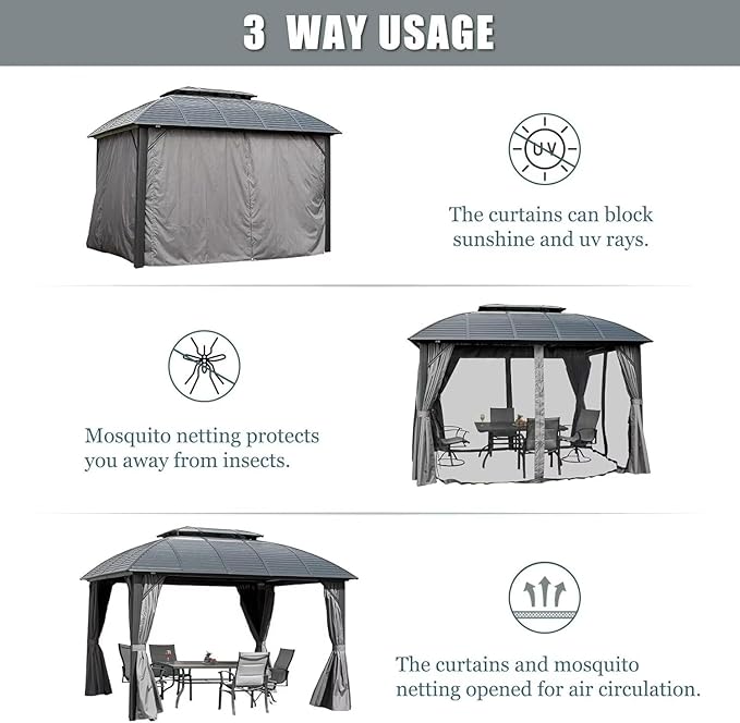 Domi 10'x12' Hardtop Gazebo Arc Canopy,Outdoor Aluminum Gazebo with Galvanized Steel Double Roof,Curtain and Netting,Permanent Gazebos Pavilion for Patio Deck,Backyard,Gray
