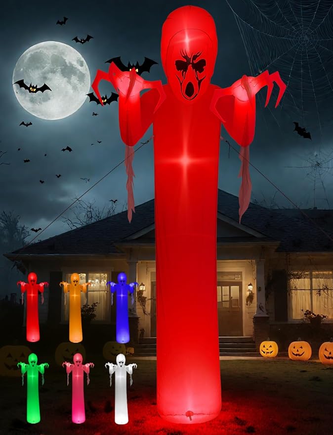 Elegear 12FT Giant Halloween Inflatable with Flowing Gauze, 7-Mode Color Changing RGB Lights, Scary White Ghost Halloween Blow Up Yard Decorations Outdoor for Lawn Garden Porch Party