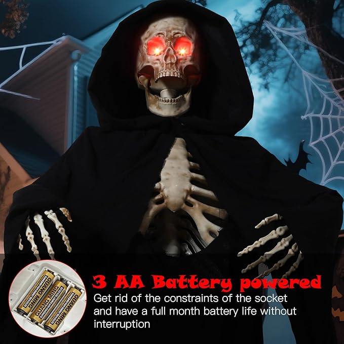 Quntis Halloween Talking Animatronics Outdoor Decoration - 7FT Tall Scary Animated Grim Reaper with Lighted Red Eyes Sound & Touch Activated - Creepy Poseable Skeleton Halloween Graveyard Decor Props