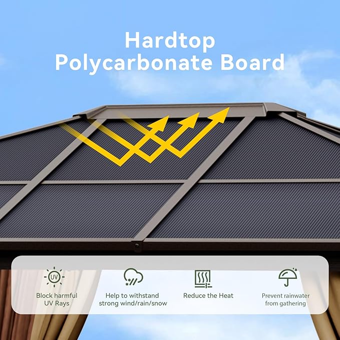 Aoxun 10' x 12' Gazebo Single Polycarbonate Top, Outdoor Aluminum Frame Permanent Gazebo with Curtains and Netting, for Patio, Party, Backyard, Garden and Lawn