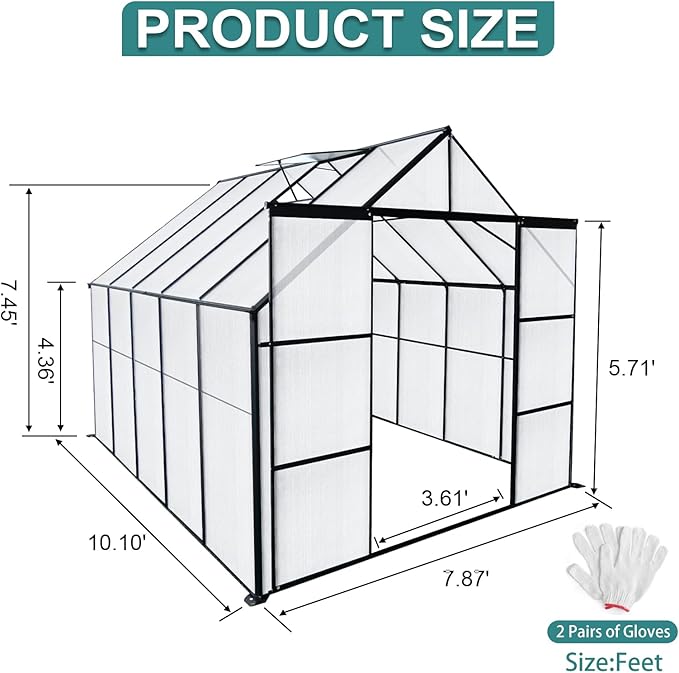 Favfurish 8X10 FT Greenhouses for Outdoors,Double Sliding Door Polycarbonate Greenhouse,Heavy Duty Walk-in Garden Plants Green House, Drainage System & Galvanized Frame for Outside Backyard, Black