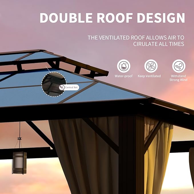 12'x16' Hardtop Gazebo, Outdoor Polycarbonate Double Roof Canopy, Aluminum Frame Permanent Pavilion with Curtains and Netting, Sunshade for Garden, Patio, Lawns