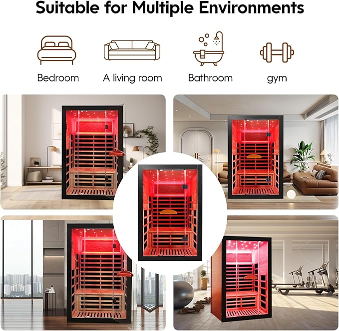 Infrared Sauna 2000W Wooden Saunas Home Spa Room Wood Low-EMF Indoor Saunas with with 7 Color Starry Sky Ceiling Light for Two Person 74.8 * 47.2 * 41.3Inch