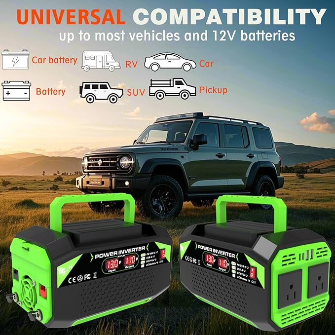 600W Power Inverter, 12V DC to 110V AC Converter with LED Display, 2 AC Outlets, 2 PD 25W Type-C, 2 QC 18W USB-A(4.2A)，2 DC Port, for Road Trips Laptop Computer