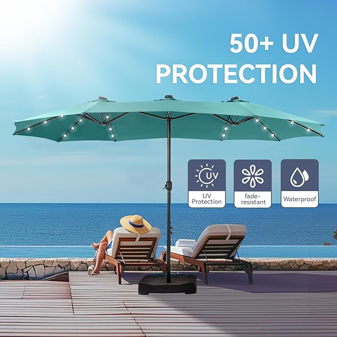 GREEN PARTY 15 ft Rectangle Patio Umbrella with Solar Lights and Base Included, Double-Sided Market Table Umbrella with Crank, Large Outdoor Umbrellas for Patio Poolside Garden Backyard, Turquoise