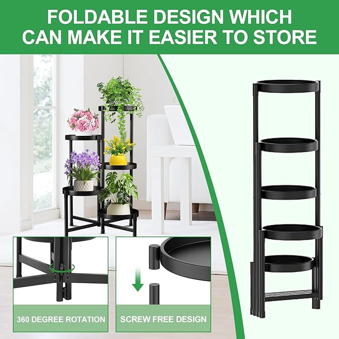 Plant Stand Indoor Outdoor 5 Tier Black Metal Plant Holder 31 in Tall,Tiered Flower Pot Display Stand,Multiple Plant Stand for Living Room Corner Garden Patio Lawn Balcony