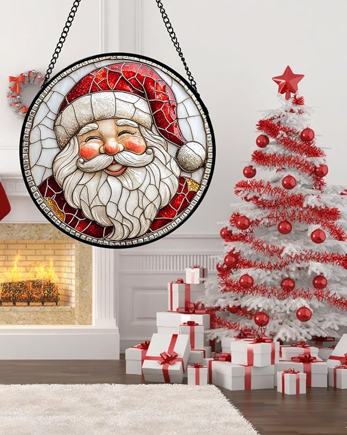 Stained Glass Window Hanging - Red White Santa Claus Suncatcher for Doors Home Christmas Decoration Winter Sun Catcher Thanksgiving New Year Birthday Gifts for Women Men Mom Nana Girl 15 in