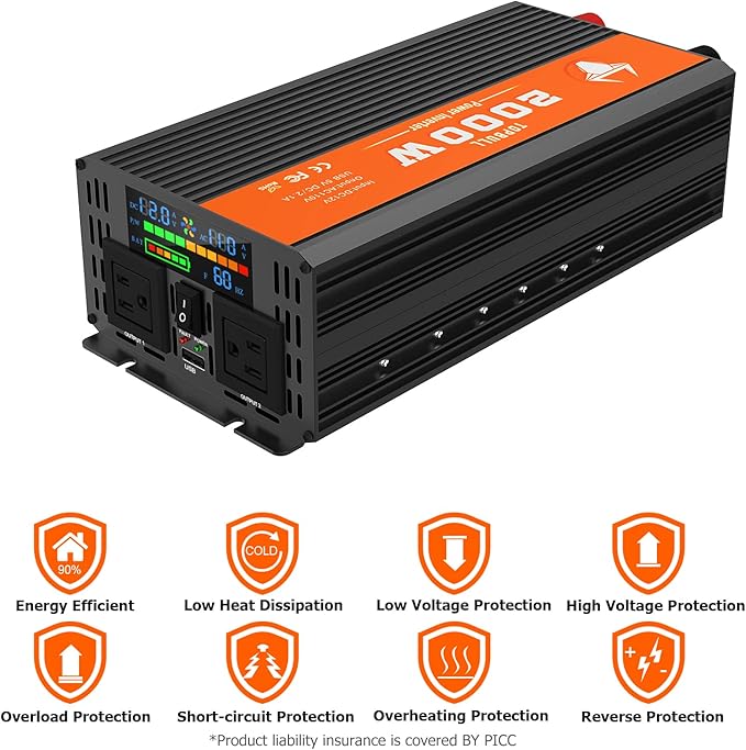 2000 Watt Power Inverter, Car/Outdoor 12V DC to 110V AC Converter, with LED Display, Dual AC Outlets, USB Port, Dual Smart Fans, Cables Included, Suitable for RV, Outdoor, Camping, Boat, Emergency